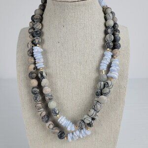 Natural Stone And Agate Beaded Necklace Gray and Lavender Opera Length Endless